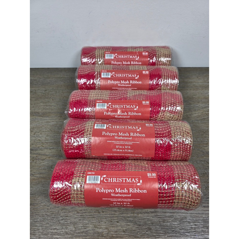 Lot of Five (5) Rolls of Christmas Polypro Mesh Ribbon Red Tan Plaid Weave NEW
